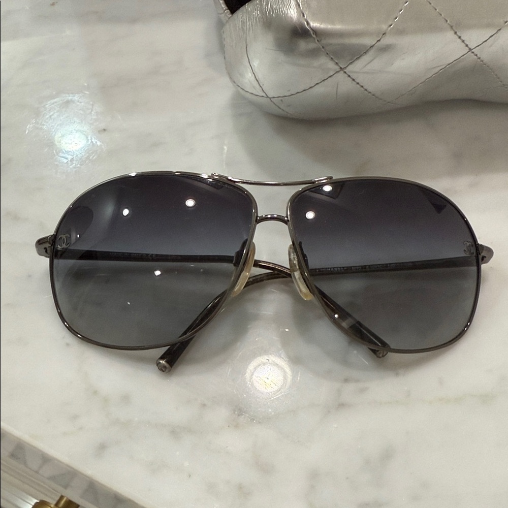 CHANEL Silver Rectangular Sunglasses